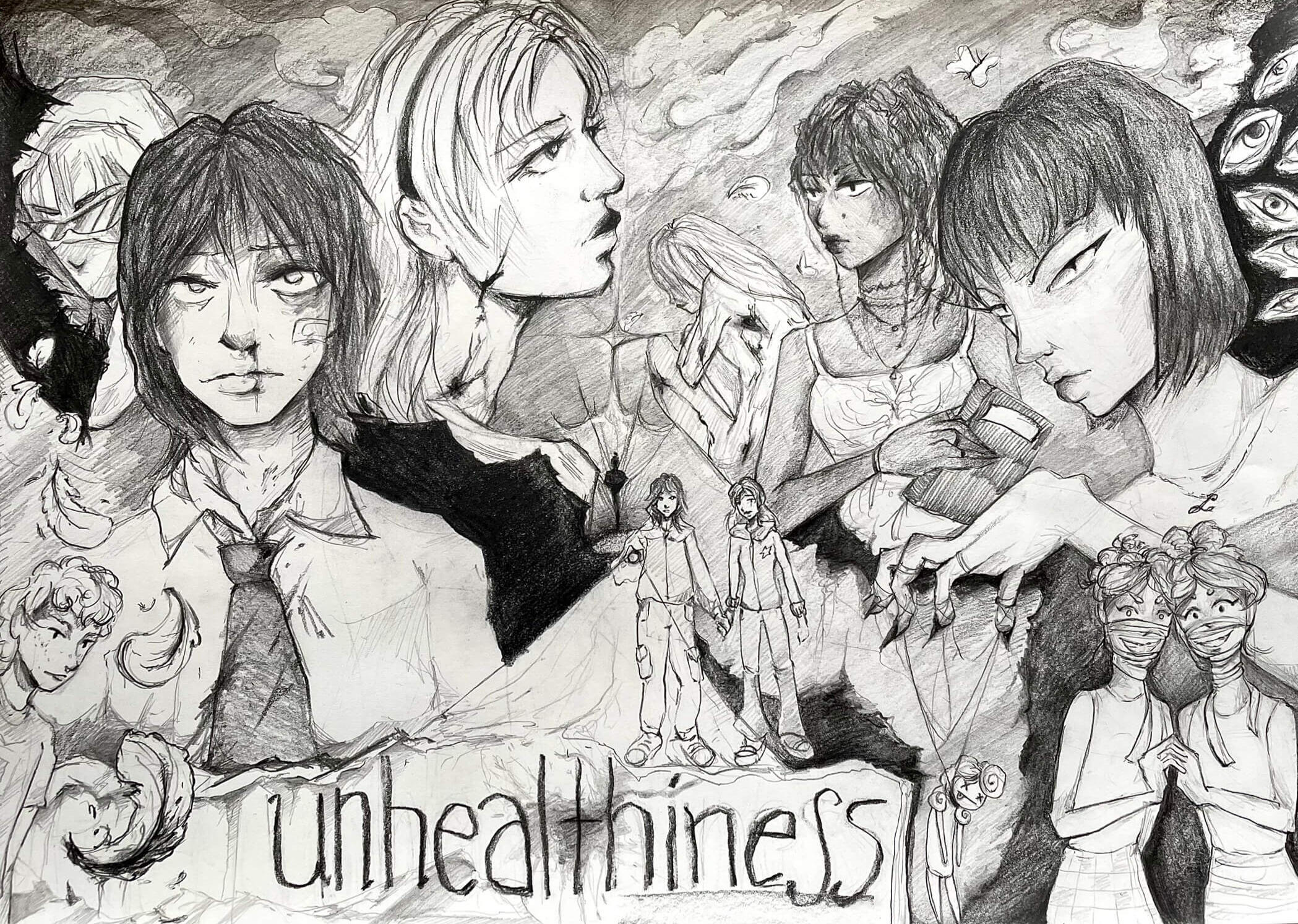 unhealthiness comic series poster, pencil, 2025