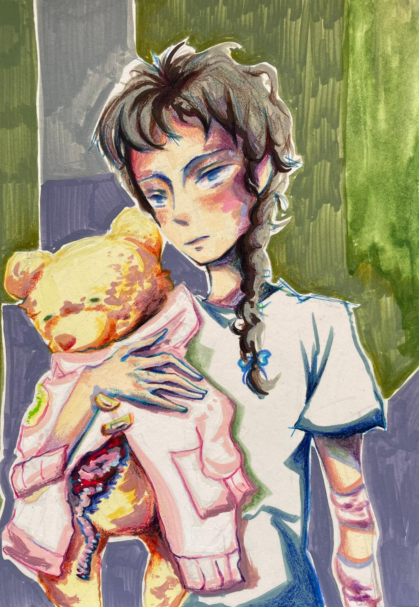 girl with the t[ed]dy bear, mixed media, 2025