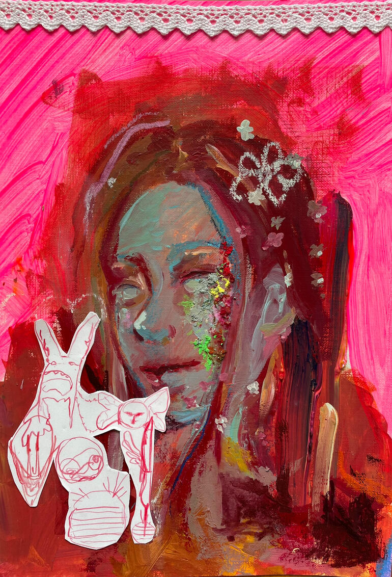 Moldy blue girl on a neon pink background with flowers in her hair but something's wrong with her and I don't know what